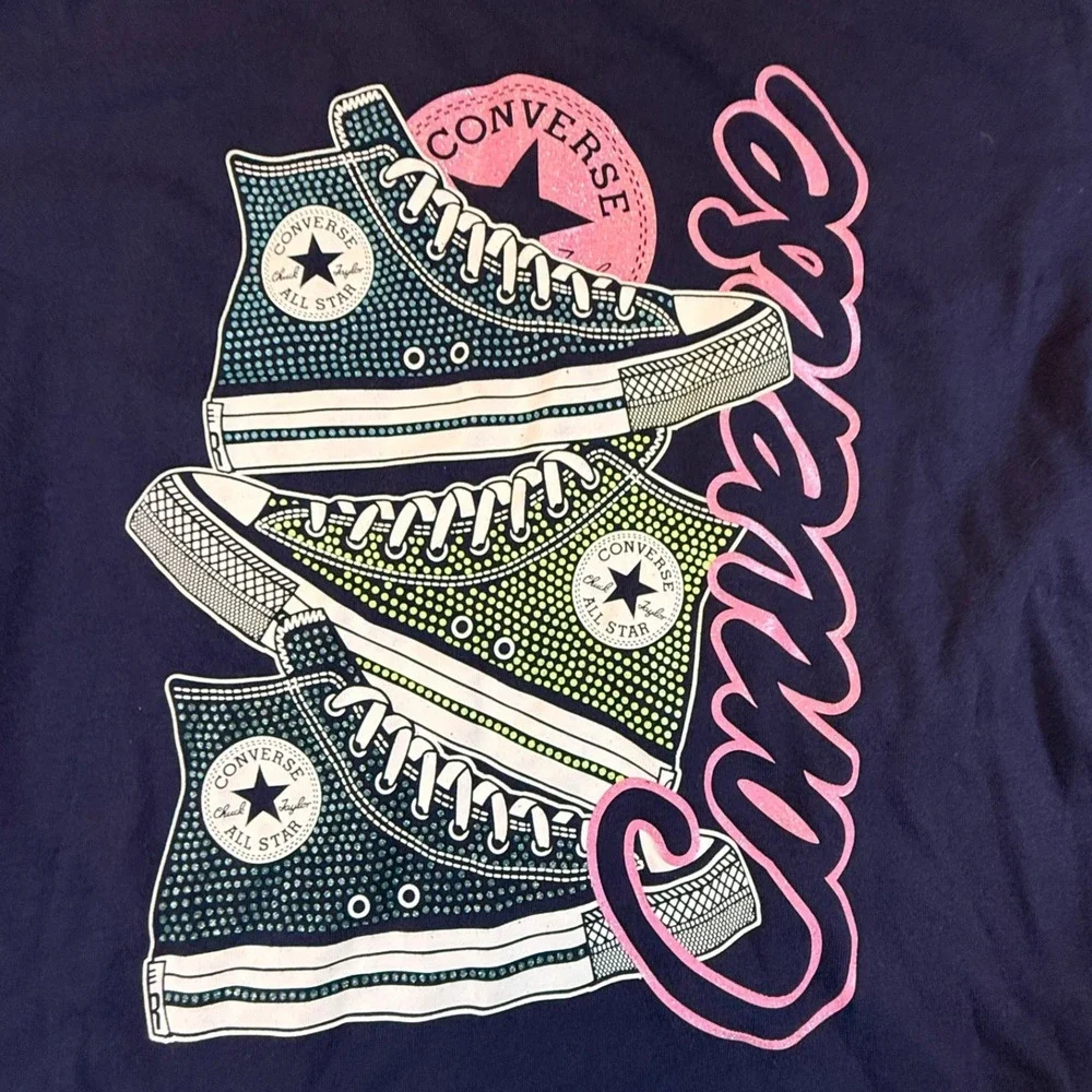 Converse Girls XL Navy Blue Long Sleeve Graphic Tee Chuck Taylor Sneakers 2348